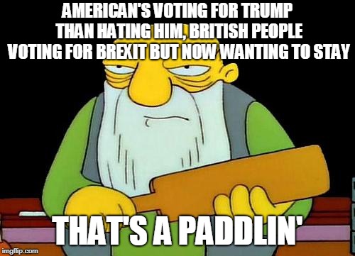 Politics On Imgflip - What Could Go Wrong? | AMERICAN'S VOTING FOR TRUMP THAN HATING HIM, BRITISH PEOPLE VOTING FOR BREXIT BUT NOW WANTING TO STAY; THAT'S A PADDLIN' | image tagged in memes,that's a paddlin',funny,simpsons,brexit,donald trump | made w/ Imgflip meme maker