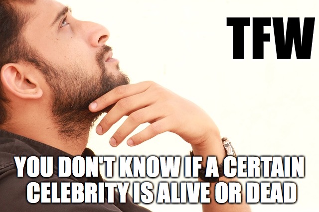 dead or alive | TFW; YOU DON'T KNOW IF A CERTAIN CELEBRITY IS ALIVE OR DEAD | image tagged in that feeling when,celebrities,dead or alive | made w/ Imgflip meme maker