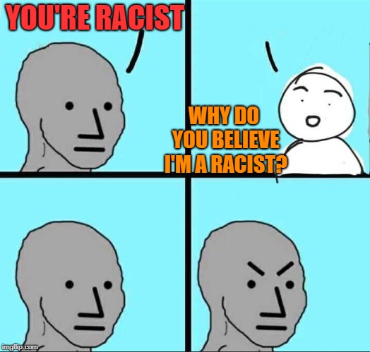 NPC Meme | YOU'RE RACIST WHY DO YOU BELIEVE I'M A RACIST? | image tagged in npc meme | made w/ Imgflip meme maker