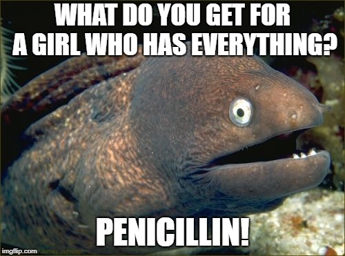 Bad Joke Eel | WHAT DO YOU GET FOR A GIRL WHO HAS EVERYTHING? PENICILLIN! | image tagged in memes,bad joke eel | made w/ Imgflip meme maker