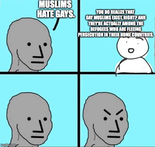 NPC Meme | MUSLIMS HATE GAYS. YOU DO REALIZE THAT GAY MUSLIMS EXIST, RIGHT? AND THEY'RE ACTUALLY AMONG THE REFUGEES WHO ARE FLEEING PERSECUTION IN THEI | image tagged in npc meme | made w/ Imgflip meme maker