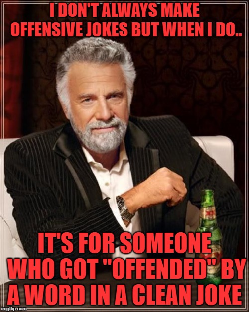 cursing is ok but non pc words aren't.. hmm.. have you heard the one about the family going in to see a talent agent? | I DON'T ALWAYS MAKE OFFENSIVE JOKES BUT WHEN I DO.. IT'S FOR SOMEONE WHO GOT "OFFENDED" BY A WORD IN A CLEAN JOKE | image tagged in memes,the most interesting man in the world | made w/ Imgflip meme maker