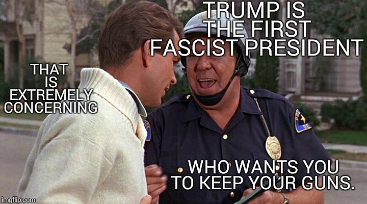 People be going around calling trump a fascist, how i be responding. | TRUMP IS THE FIRST FASCIST PRESIDENT; THAT IS EXTREMELY CONCERNING; WHO WANTS YOU TO KEEP YOUR GUNS. | image tagged in officer puppy,trump,fascism,guns,2nd amendment,trump 2020 | made w/ Imgflip meme maker