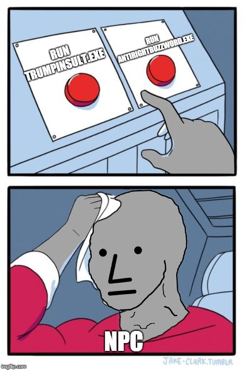 npc choice dilema | RUN ANTIRIGHTBUZZWORD.EXE; RUN TRUMPINSULT.EXE; NPC | image tagged in npc choice dilema | made w/ Imgflip meme maker