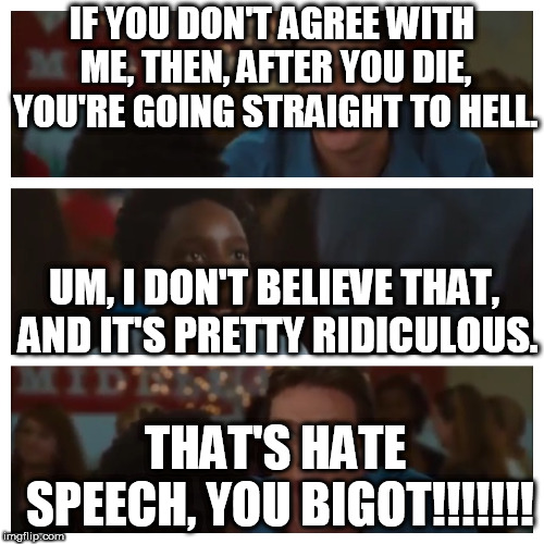 Can you spot the hate speech? | IF YOU DON'T AGREE WITH ME, THEN, AFTER YOU DIE, YOU'RE GOING STRAIGHT TO HELL. UM, I DON'T BELIEVE THAT, AND IT'S PRETTY RIDICULOUS. THAT'S HATE SPEECH, YOU BIGOT!!!!!!! | image tagged in christian,atheist,hate speech,belief,disbelief,speech | made w/ Imgflip meme maker