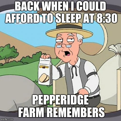 Those were the days... | BACK WHEN I COULD AFFORD TO SLEEP AT 8:30; PEPPERIDGE FARM REMEMBERS | image tagged in memes,pepperidge farm remembers | made w/ Imgflip meme maker
