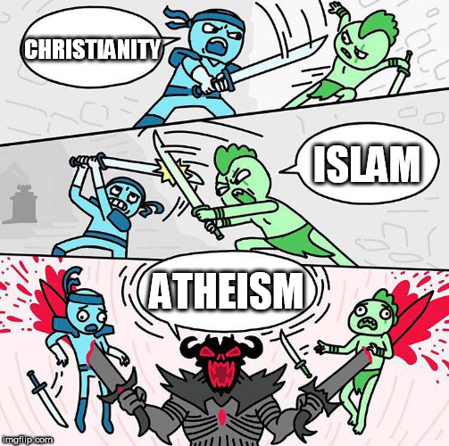 Sword fight argument | CHRISTIANITY; ISLAM; ATHEISM | image tagged in sword fight argument,christianity,islam,atheism,religion,no religion | made w/ Imgflip meme maker