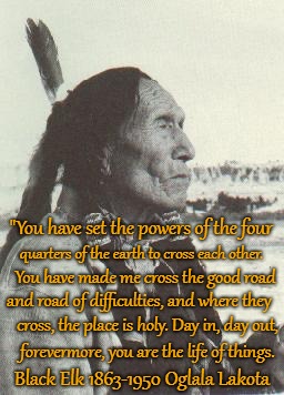 Black Elk Speaks | "You have set the powers of the four; quarters of the earth to cross each other. You have made me cross the good road; and road of difficulties, and where they; cross, the place is holy. Day in, day out, forevermore, you are the life of things. Black Elk 1863-1950 Oglala Lakota | image tagged in native american,native americans,indians,indian chief,indian chiefs,tribe | made w/ Imgflip meme maker
