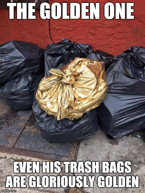 The Golden One trash bag | THE GOLDEN ONE; EVEN HIS TRASH BAGS ARE GLORIOUSLY GOLDEN | image tagged in the golden one trash bag | made w/ Imgflip meme maker
