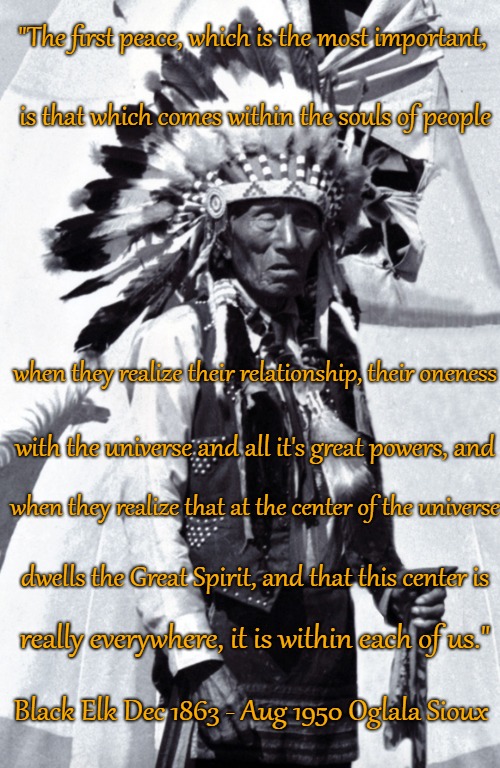 Black Elk Speaks | "The first peace, which is the most important, is that which comes within the souls of people; when they realize their relationship, their oneness; with the universe and all it's great powers, and; when they realize that at the center of the universe; dwells the Great Spirit, and that this center is; really everywhere, it is within each of us."; Black Elk Dec 1863 - Aug 1950 Oglala Sioux | image tagged in native american,native americans,indians,indian chief,indian chiefs,tribe | made w/ Imgflip meme maker