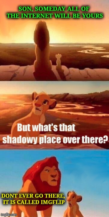 Simba Shadowy Place | SON, SOMEDAY ALL OF THE INTERNET WILL BE YOURS; DONT EVER GO THERE, IT IS CALLED IMGFLIP | image tagged in memes,simba shadowy place,lion king,imgflip | made w/ Imgflip meme maker