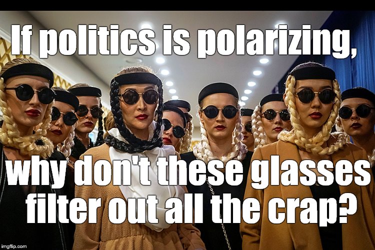 Here's a question for you. (Please pardon my French.) | If politics is polarizing, why don't these glasses filter out all the crap? | image tagged in polarizing,politics,nottabot,douglie,yes we're different | made w/ Imgflip meme maker