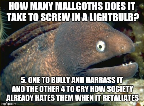 Bad Joke Eel Meme | HOW MANY MALLGOTHS DOES IT TAKE TO SCREW IN A LIGHTBULB? 5. ONE TO BULLY AND HARRASS IT AND THE OTHER 4 TO CRY HOW SOCIETY ALREADY HATES THEM WHEN IT RETALIATES | image tagged in memes,bad joke eel | made w/ Imgflip meme maker