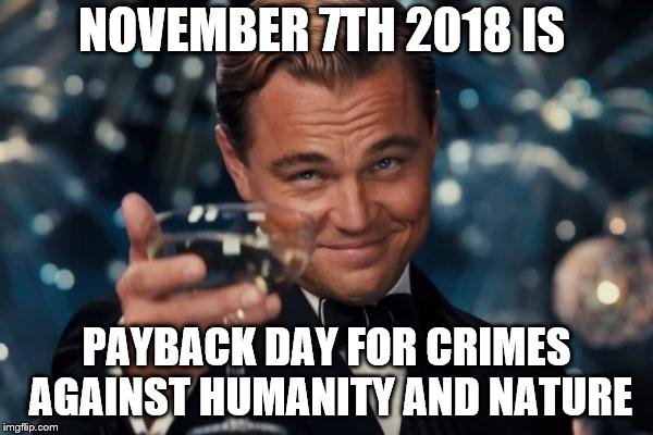 Leonardo Dicaprio Cheers | NOVEMBER 7TH 2018 IS; PAYBACK DAY FOR CRIMES AGAINST HUMANITY AND NATURE | image tagged in memes,leonardo dicaprio cheers | made w/ Imgflip meme maker