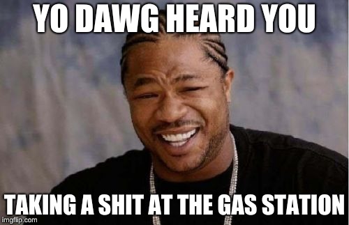 Yo Dawg Heard You Meme | YO DAWG HEARD YOU; TAKING A SHIT AT THE GAS STATION | image tagged in memes,yo dawg heard you | made w/ Imgflip meme maker