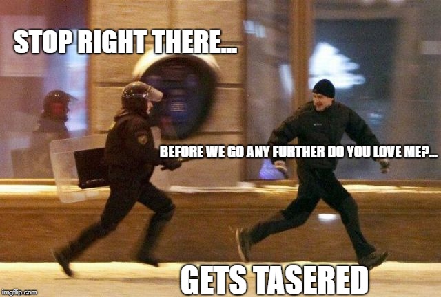 Police Chasing Guy | STOP RIGHT THERE... BEFORE WE GO ANY FURTHER DO YOU LOVE ME?... GETS TASERED | image tagged in police chasing guy | made w/ Imgflip meme maker