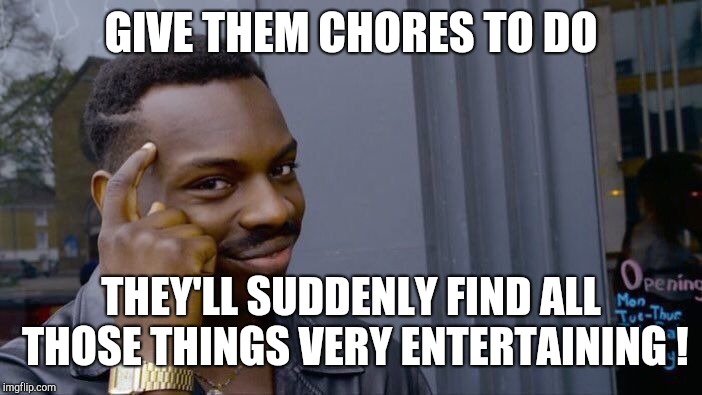 Roll Safe Think About It Meme | GIVE THEM CHORES TO DO THEY'LL SUDDENLY FIND ALL THOSE THINGS VERY ENTERTAINING ! | image tagged in memes,roll safe think about it | made w/ Imgflip meme maker