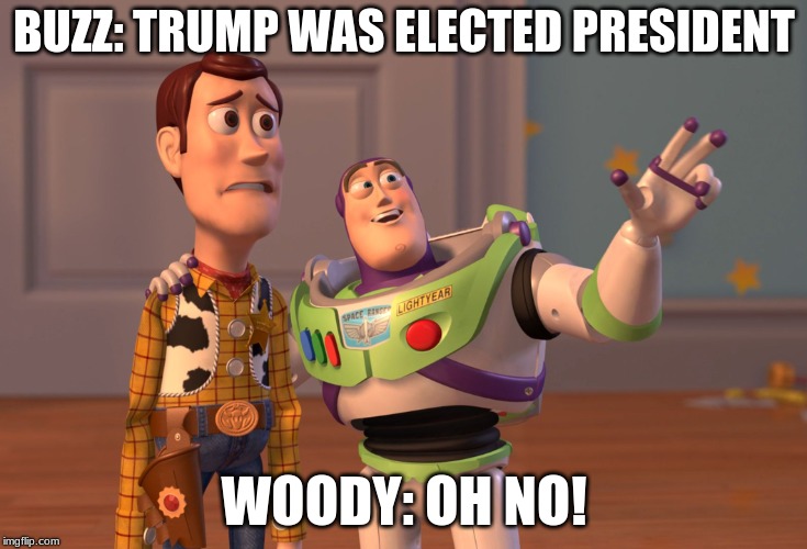 X, X Everywhere | BUZZ: TRUMP WAS ELECTED PRESIDENT; WOODY: OH NO! | image tagged in memes,x x everywhere | made w/ Imgflip meme maker