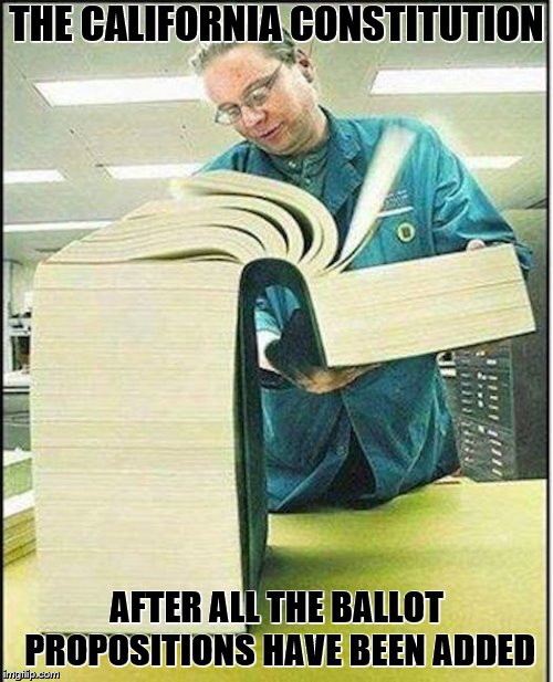 The constitution of California | THE CALIFORNIA CONSTITUTION; AFTER ALL THE BALLOT PROPOSITIONS HAVE BEEN ADDED | image tagged in big book,california,constitution,funny,politics | made w/ Imgflip meme maker