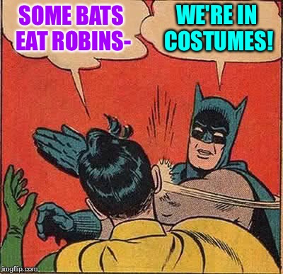 Batman Slapping Robin Meme | SOME BATS EAT ROBINS- WE'RE IN COSTUMES! | image tagged in memes,batman slapping robin | made w/ Imgflip meme maker