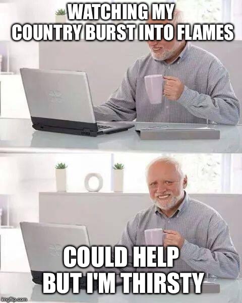 Hide the Pain Harold | WATCHING MY COUNTRY BURST INTO FLAMES; COULD HELP BUT I'M THIRSTY | image tagged in memes,hide the pain harold | made w/ Imgflip meme maker
