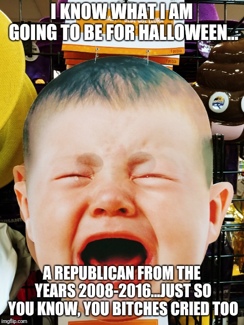 Republicans | I KNOW WHAT I AM GOING TO BE FOR HALLOWEEN... A REPUBLICAN FROM THE YEARS 2008-2016...JUST SO YOU KNOW, YOU BITCHES CRIED TOO | image tagged in republicans,donald trump | made w/ Imgflip meme maker