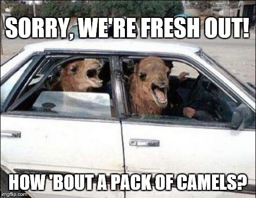 Quit Hatin Meme | SORRY, WE'RE FRESH OUT! HOW 'BOUT A PACK OF CAMELS? | image tagged in memes,quit hatin | made w/ Imgflip meme maker