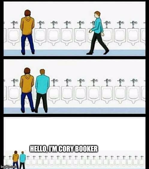 Bathroom Booker | HELLO, I’M CORY BOOKER | image tagged in urinal guy more text room,cory booker,metoo,politics | made w/ Imgflip meme maker
