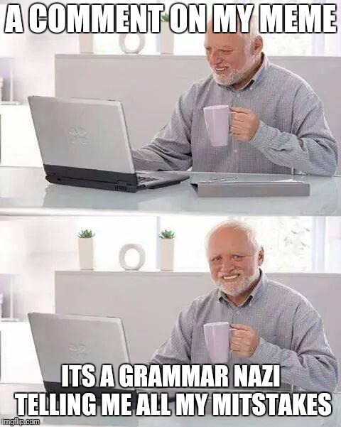 Hide the Pain Harold | A COMMENT ON MY MEME; ITS A GRAMMAR NAZI TELLING ME ALL MY MITSTAKES | image tagged in memes,hide the pain harold | made w/ Imgflip meme maker