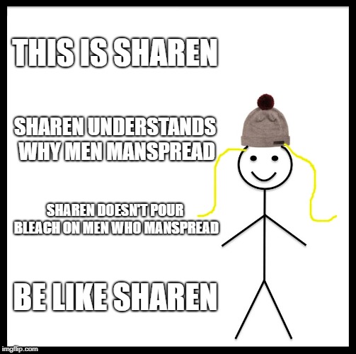 Sharen is a decent person | THIS IS SHAREN; SHAREN UNDERSTANDS WHY MEN MANSPREAD; SHAREN DOESN'T POUR BLEACH ON MEN WHO MANSPREAD; BE LIKE SHAREN | image tagged in memes,be like bill | made w/ Imgflip meme maker