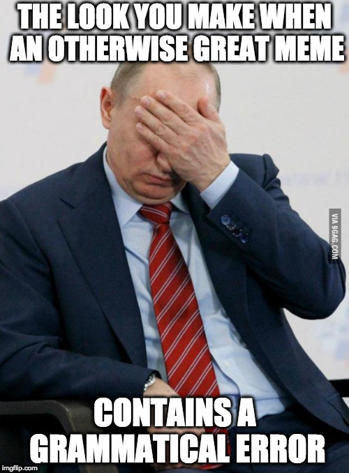 Putin Facepalm | THE LOOK YOU MAKE WHEN AN OTHERWISE GREAT MEME; CONTAINS A GRAMMATICAL ERROR | image tagged in putin facepalm | made w/ Imgflip meme maker