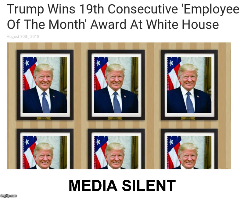 Repost: Trump Wins 19th Consecutive 'Employee Of The Month' Award
 | MEDIA SILENT | image tagged in donald trump,white house employee of the month,babylon bee | made w/ Imgflip meme maker