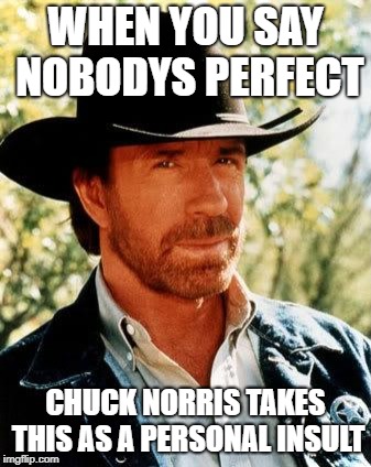 Chuck Norris | WHEN YOU SAY NOBODYS PERFECT; CHUCK NORRIS TAKES THIS AS A PERSONAL INSULT | image tagged in memes,chuck norris | made w/ Imgflip meme maker