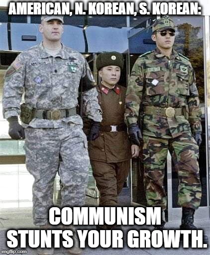 A little short on freedom. | AMERICAN, N. KOREAN, S. KOREAN:; COMMUNISM STUNTS YOUR GROWTH. | image tagged in america,north korea,south korea,communism,freedom | made w/ Imgflip meme maker