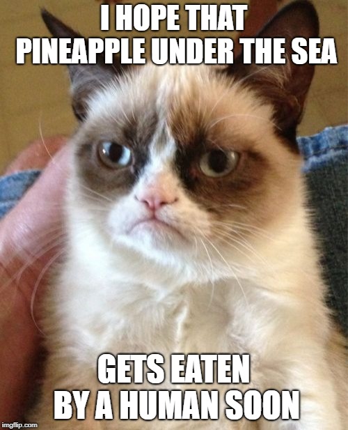 Grumpy Cat Meme | I HOPE THAT PINEAPPLE UNDER THE SEA GETS EATEN BY A HUMAN SOON | image tagged in memes,grumpy cat | made w/ Imgflip meme maker