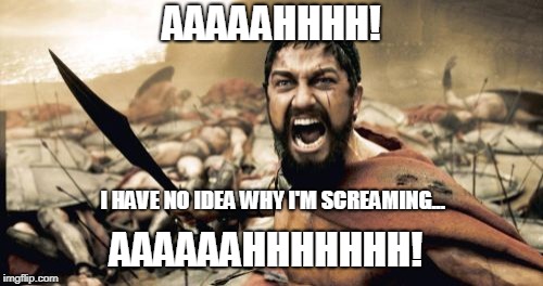 Sparta Leonidas Meme | AAAAAHHHH! I HAVE NO IDEA WHY I'M SCREAMING... AAAAAAHHHHHHH! | image tagged in memes,sparta leonidas | made w/ Imgflip meme maker