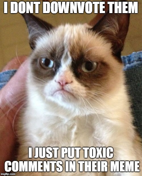 Grumpy Cat Meme | I DONT DOWNVOTE THEM I JUST PUT TOXIC COMMENTS IN THEIR MEME | image tagged in memes,grumpy cat | made w/ Imgflip meme maker