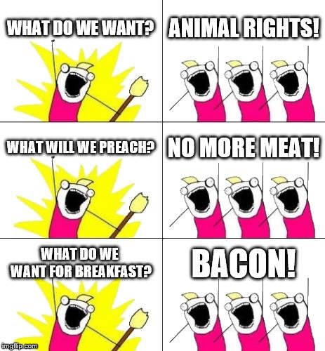 Can't Say No To Bacon | WHAT DO WE WANT? ANIMAL RIGHTS! WHAT WILL WE PREACH? NO MORE MEAT! WHAT DO WE WANT FOR BREAKFAST? BACON! | image tagged in memes,what do we want 3,animal rights,bacon,irony | made w/ Imgflip meme maker