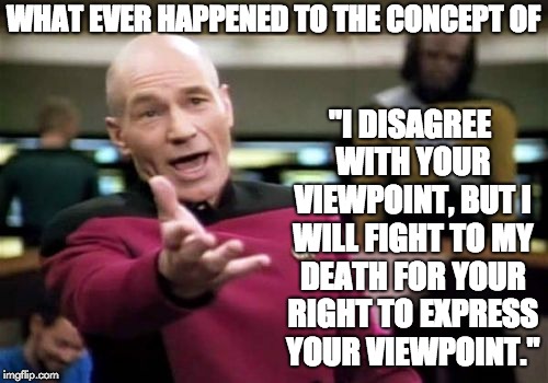Eliminate streams and safe-rooms for snowflakes. | WHAT EVER HAPPENED TO THE CONCEPT OF; "I DISAGREE WITH YOUR VIEWPOINT, BUT I WILL FIGHT TO MY DEATH FOR YOUR RIGHT TO EXPRESS YOUR VIEWPOINT." | image tagged in memes,picard wtf | made w/ Imgflip meme maker