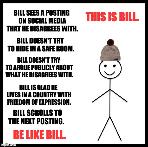 Be Like Bill | BILL SEES A POSTING ON SOCIAL MEDIA THAT HE DISAGREES WITH. THIS IS BILL. BILL DOESN'T TRY TO HIDE IN A SAFE ROOM. BILL DOESN'T TRY TO ARGUE PUBLICLY ABOUT WHAT HE DISAGREES WITH. BILL IS GLAD HE LIVES IN A COUNTRY WITH FREEDOM OF EXPRESSION. BILL SCROLLS TO THE NEXT POSTING. BE LIKE BILL. | image tagged in memes,be like bill | made w/ Imgflip meme maker