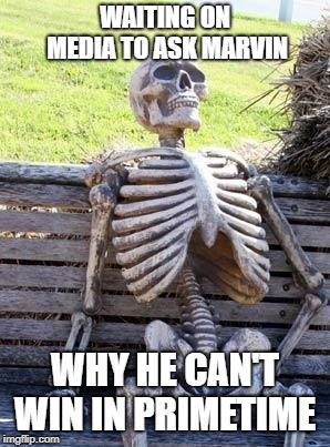 waiting skelton | WAITING ON MEDIA TO ASK MARVIN; WHY HE CAN'T WIN IN PRIMETIME | image tagged in waiting skelton,bengals | made w/ Imgflip meme maker