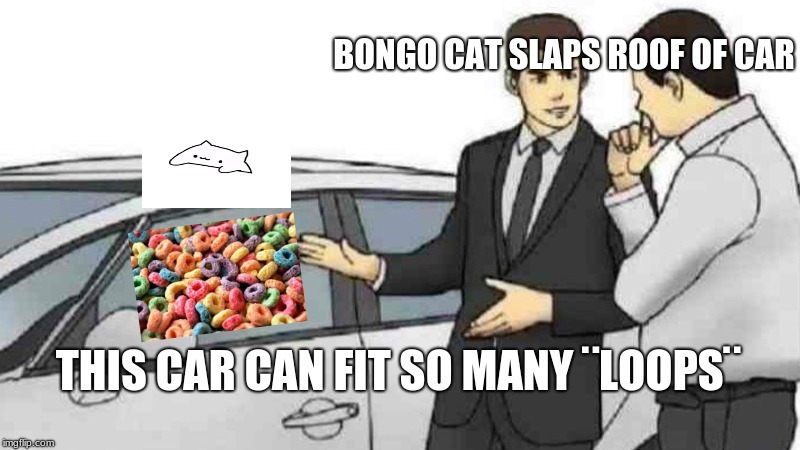 Car Salesman Slaps Roof Of Car Meme | BONGO CAT SLAPS ROOF OF CAR; THIS CAR CAN FIT SO MANY ¨LOOPS¨ | image tagged in memes,car salesman slaps roof of car | made w/ Imgflip meme maker