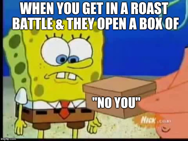 WHEN YOU GET IN A ROAST BATTLE & THEY OPEN A BOX OF; "NO YOU" | image tagged in the secret box | made w/ Imgflip meme maker