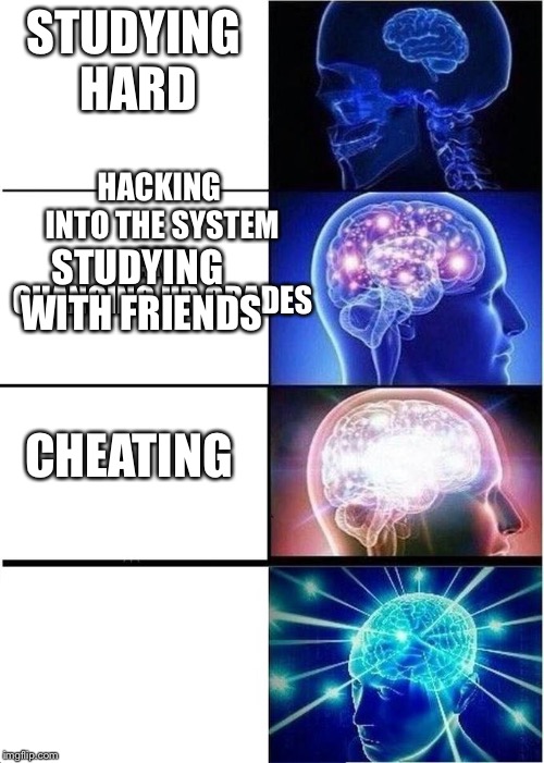 levels of intelligence | STUDYING HARD; HACKING INTO THE SYSTEM AND CHANGING UR GRADES; STUDYING WITH FRIENDS; CHEATING | image tagged in levels of intelligence | made w/ Imgflip meme maker