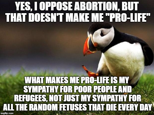 Pro-life | YES, I OPPOSE ABORTION, BUT THAT DOESN'T MAKE ME "PRO-LIFE"; WHAT MAKES ME PRO-LIFE IS MY SYMPATHY FOR POOR PEOPLE AND REFUGEES, NOT JUST MY SYMPATHY FOR ALL THE RANDOM FETUSES THAT DIE EVERY DAY | image tagged in memes,unpopular opinion puffin,abortion,refugees,politics,pro life | made w/ Imgflip meme maker