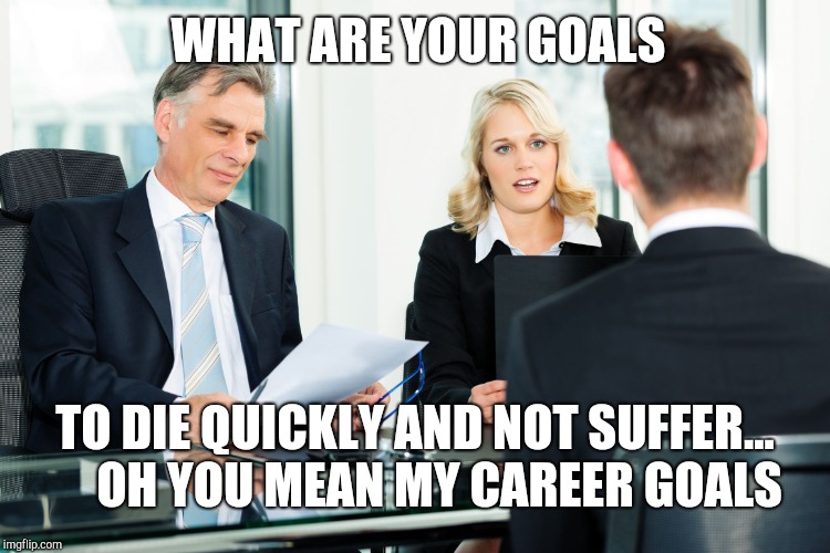 job interview | WHAT ARE YOUR GOALS; TO DIE QUICKLY AND NOT SUFFER...    
OH YOU MEAN MY CAREER GOALS | image tagged in job interview | made w/ Imgflip meme maker