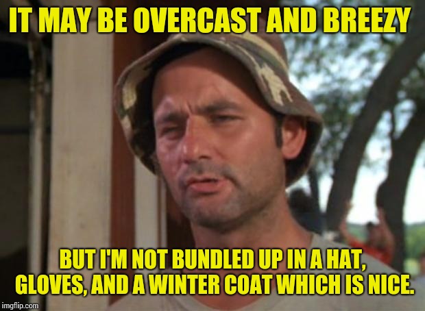 Glad to be escaping the cold for a few days! | IT MAY BE OVERCAST AND BREEZY; BUT I'M NOT BUNDLED UP IN A HAT, GLOVES, AND A WINTER COAT WHICH IS NICE. | image tagged in memes,so i got that goin for me which is nice | made w/ Imgflip meme maker