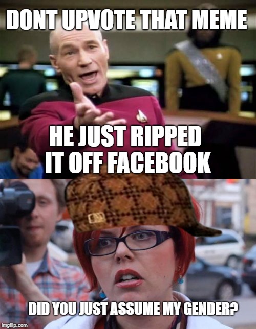 I'm frustrated with more with the first part | DONT UPVOTE THAT MEME; HE JUST RIPPED IT OFF FACEBOOK; DID YOU JUST ASSUME MY GENDER? | image tagged in picard wtf,original meme,salty,creativity,feminism,funny meme | made w/ Imgflip meme maker