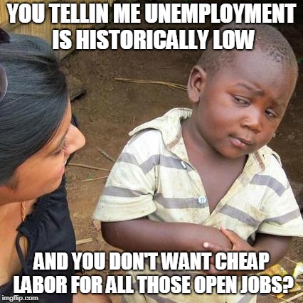 Third World Skeptical Kid Meme | YOU TELLIN ME UNEMPLOYMENT IS HISTORICALLY LOW AND YOU DON'T WANT CHEAP LABOR FOR ALL THOSE OPEN JOBS? | image tagged in memes,third world skeptical kid | made w/ Imgflip meme maker