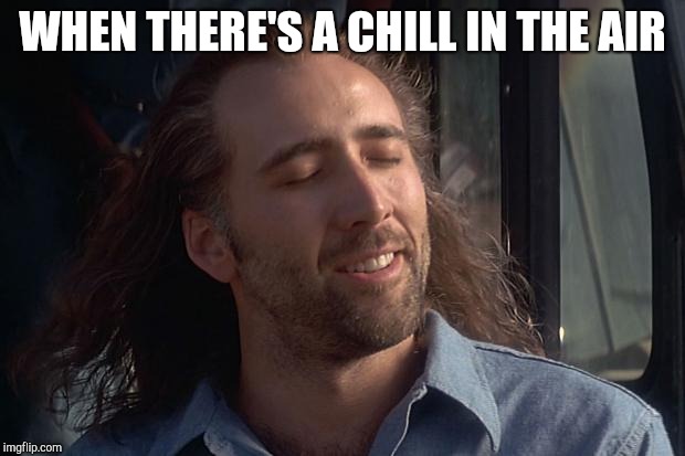 nicholas cage | WHEN THERE'S A CHILL IN THE AIR | image tagged in nicholas cage | made w/ Imgflip meme maker